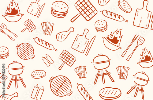Seamless BBQ sketch pattern with red outline on beige background for restaurant food wrapping paper packaging and barbecue party decoration