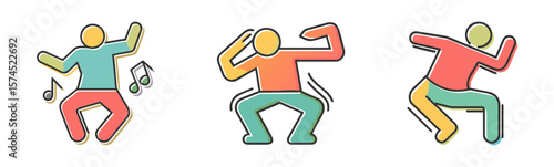 Joyful illustrations of three dancing figures filled with energy and movement, representing rhythm and celebration 