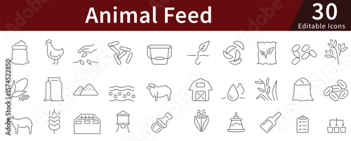 Animal Feed Line Icons Set with Editable Stroke for Farming, Livestock Nutrition, and Pet Food Supply Concepts