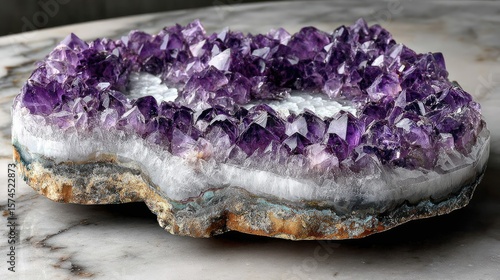 Obraz na płótnie A beautiful amethyst geode specimen on a marble surface.