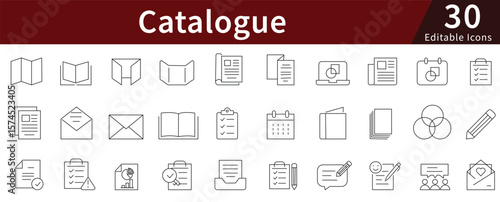 Catalogue Line Icons Set with Editable Stroke for Product Listing, Inventory, and Digital Publishing Concepts