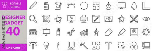 Designer gadget icon set. Containing Vector pictograms of design, gadget, technology, digital, device, collection, modern, flat, graphic, ui, ux, web, app, mobile, tech and more editable icons.
