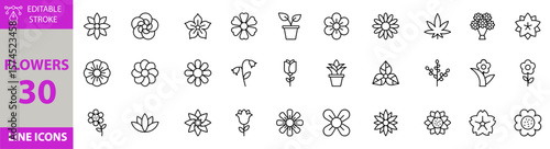 Flowers icon set. Containing Vector pictograms of flowers, plant, natural, bloom, floral, spring, leaves, rose, summer, green, love and more editable icons. Victor Illustration.