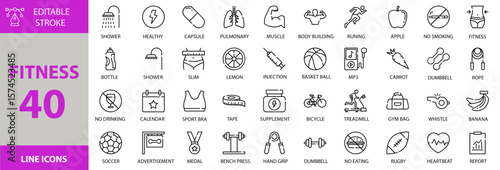 Fitness icon set. Containing Vector pictograms of report, heartbeat, no eating, dumbell, bench press, gym, bicycle, tape, carrot, slim, injection, lemon, apple and more icons. Editable Stroke.