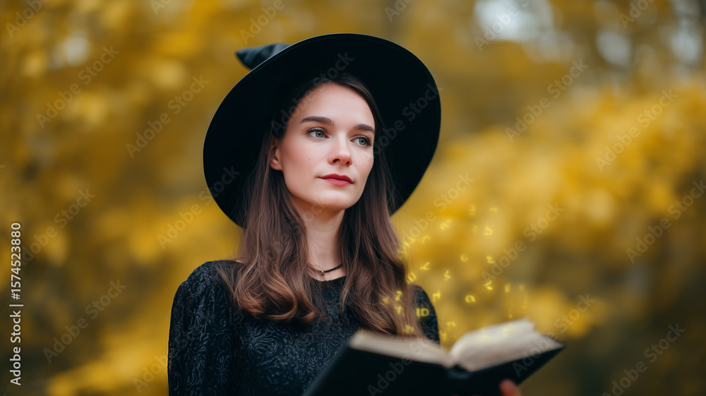 Witch costume magic spell book woman autumn forest mysterious enchanting hat fantasy reading glowing nature young adult female Witch costume magic spell book woman autumn forest mysterious enchanting hat fantasy reading glowing nature young adult female