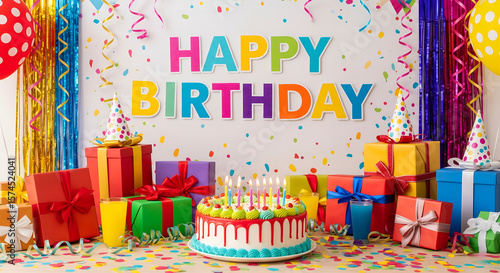 Party Environment with Bunting, Confetti, and Birthday Gifts Illustration
