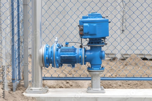 Blue Industrial Water Pump System on Concrete Base.
