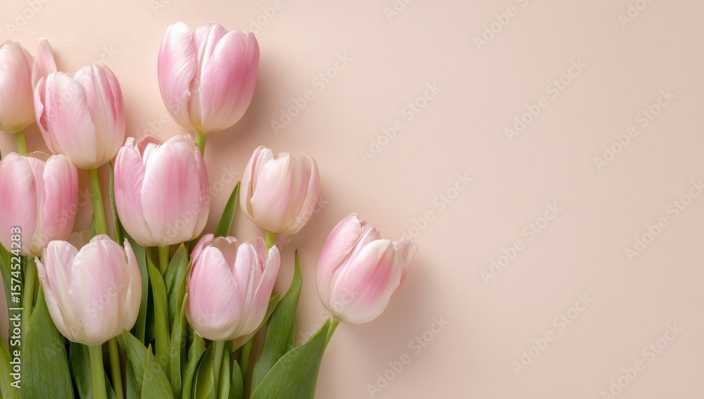 Naklejka premium Cluster of pink tulips with green leaves, viewed from above, on a peach-colored background