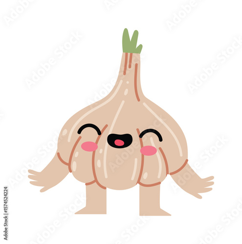 Cheerful, anthropomorphic garlic bulb stands with open arms, its joyful expression and rosy cheeks adding to its friendly demeanor, creating a whimsical and inviting image