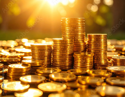 黄金のコインの山と光 – 富と財宝のイメージ