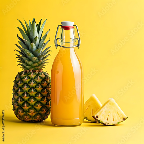 Bottle of fresh pineapple juice with a sliced pineapple on a yellow background. Refreshing tropical drink, healthy lifestyle, and summer vibes