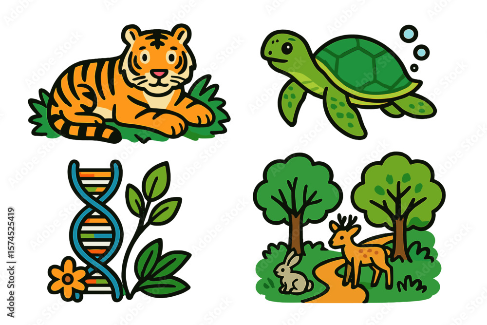 Naklejka premium Colorful representations of wildlife, nature, and genetics displayed through playful illustrations in a creative composition