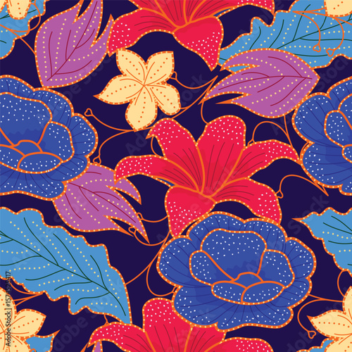 Intricate red lilies and white roses blossom seamless batik pattern on a warm terracotta background, accented with gold detailing. The design evokes a rich, rustic, and elegant mood.	
