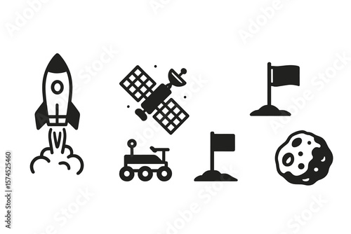 Space exploration symbols featuring a rocket, satellite, rover, flags, and asteroid illustration in a minimalist design