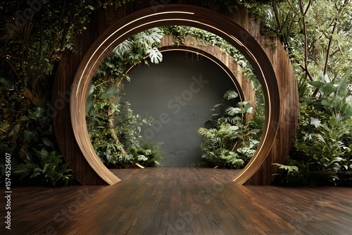 Circular Wooden Portal with Lush Greenery.