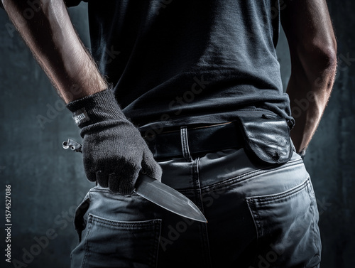 Wallpaper Mural Criminal hiding a knife behind his back, man holding a weapon in gloved hand closeup Torontodigital.ca