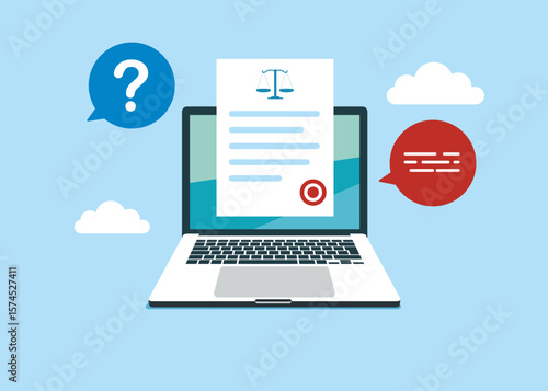 Online legal advice. Laptop, justice and law application. Flat vector illustration