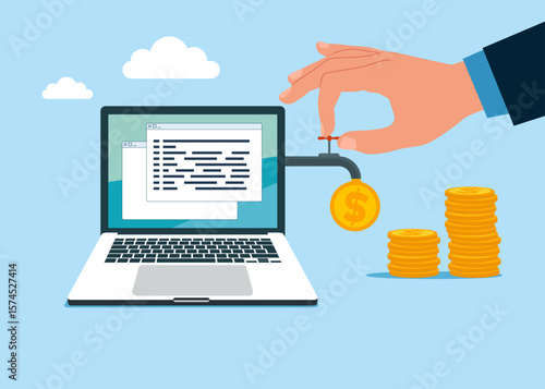 Software and laptop with money. Financial investments. Dollar coins out of the tap laptop. Bribe, salary. Vector illustration 