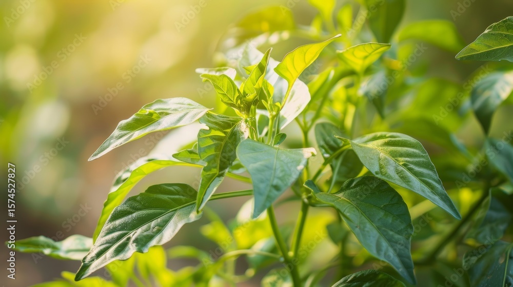 Fresh green pepper plant leaves basking in warm natural sunlight in outdoor garden Fresh green pepper plant leaves basking in warm natural sunlight in outdoor garden