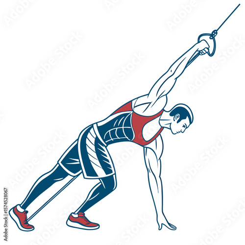 Muscular man performing cable crossover exercise athletic bodybuilder