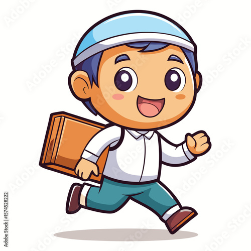 Cartoon boy in a light blue cap, carrying a brown box, running