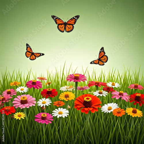 right butterflies flying over a field of colorful flowers