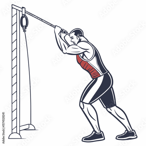 Muscular man performing triceps pushdown exercise with cable machine bodybuilder