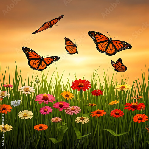 right butterflies flying over a field of colorful flowers