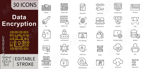 Data Encryption Line Icons Set with Editable Stroke for Cybersecurity, Privacy, and Secure Information Protection