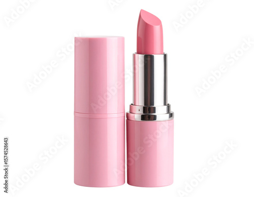 Angled Side View of Matte Pink Lipstick Tube with Twist Mechanism, Isolated on Transparent Background