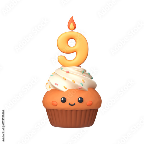 Photography Cute 3D birthday cupcake with candle and number 9