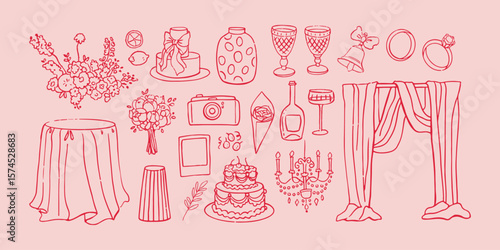 Vector hand drawn trendy summer wedding cakes, champagne wine glasses, candles outline illustration. Elegant flat minimalist hand drawn modern art for wedding invitations, menu, graphics and design