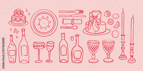 Vector hand drawn trendy summer wedding cakes, champagne wine glasses, candles outline illustration. Elegant flat minimalist hand drawn modern art for wedding invitations, menu, graphics and design