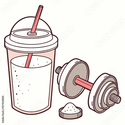 Pink shake and dumbbell with powder protein fitness