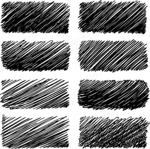 A set of hand-drawn vector grunge elements including brush strokes, sketchy hatching, and scribble textures. Diverse graphics for creative design projects and backgrounds.