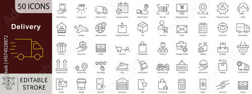 Delivery Line Icons Set with Editable Stroke for Shipping, Courier, and Logistics Services