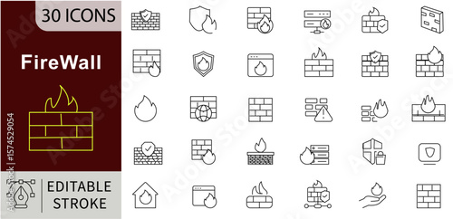Firewall Line Icons Set with Editable Stroke for Cybersecurity, Network Protection, and Data Security Concepts