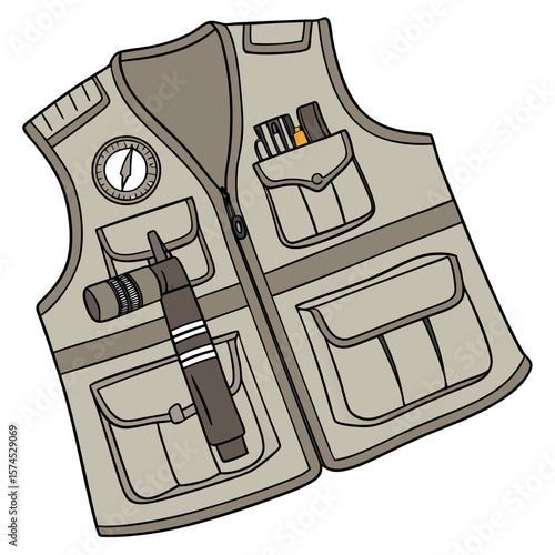 Tan vest with multiple pockets compass and flashlight vector