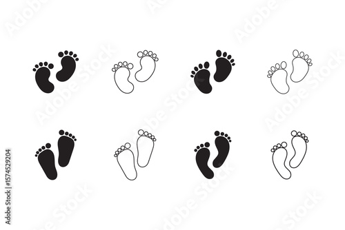 Black Baby footprints icon set. Baby feet sign. Baby feet and foot steps vector footsteps icon for print.eps10