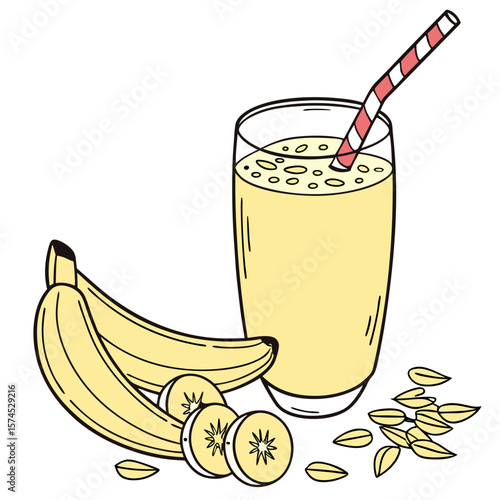 Yellow smoothie with banana slices and oats drink beverage