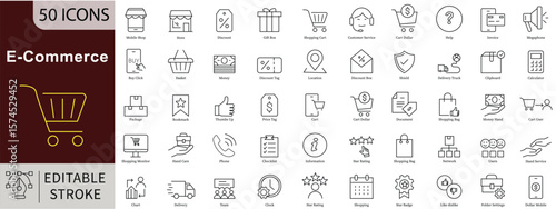 E-Commerce Line Icons Set with Editable Stroke for Online Shopping, Digital Stores, and Mobile Retail Platforms