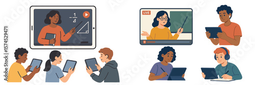Students engaged in interactive learning through digital devices in a classroom and home setting