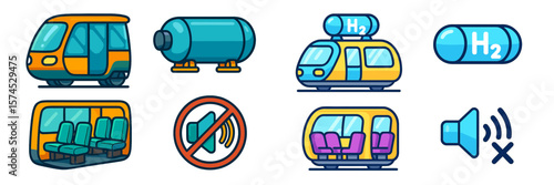 Illustrations of transportation vehicles and hydrogen symbols highlighting eco-friendly transit options and sound levels