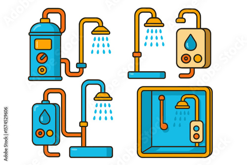 Different types of shower and faucet designs in a colorful illustration featuring plumbing elements