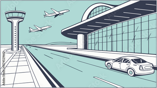 Illustration of an airport scene with planes taking off and a car driving on the road in front of it