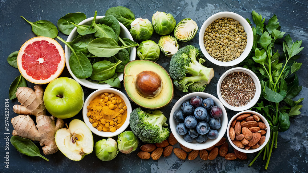 A vibrant assortment of fresh healthy foods including fruits vegetables nuts and seeds arranged on a dark textured background A vibrant assortment of fresh healthy foods including fruits vegetables nuts and seeds arranged on a dark textured background