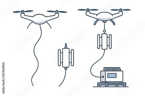 Drones with tethered connection for power and data transmission in technological applications