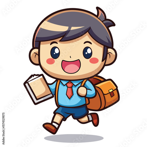 Happy cartoon boy running to school with book and backpack