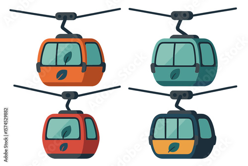 Colorful cable cars in various designs hanging on cables above a scenic landscape