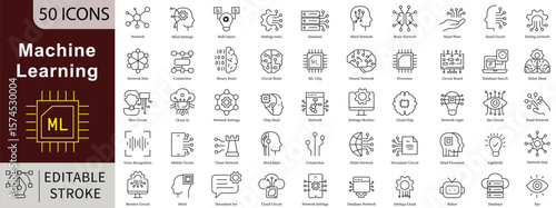 Machine Learning Line Icons Set with Editable Stroke for AI, Data Science, and Algorithm Automation Concepts